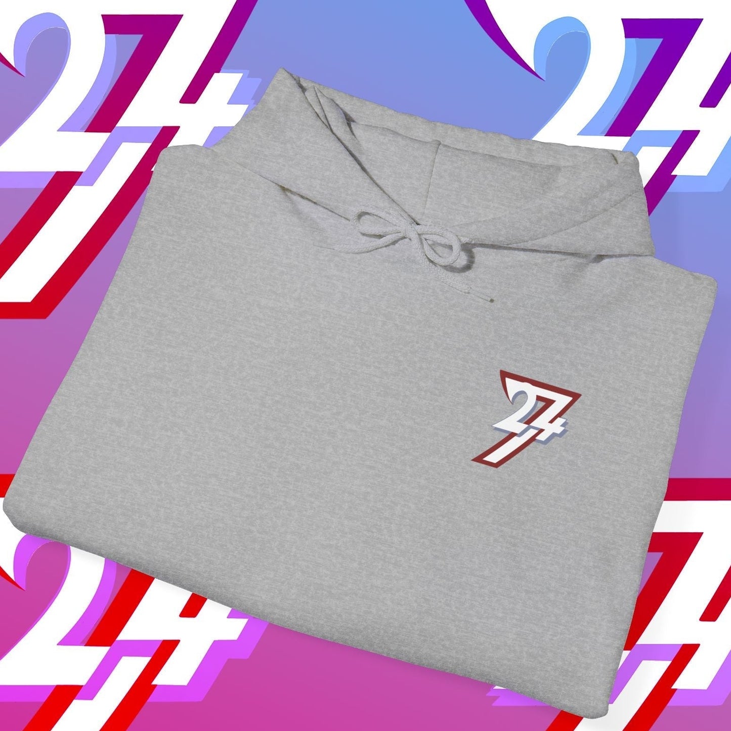 Folded grey printed hoodie with twentyfourseven 24/7 logo on chest, cotton-polyester blend, casual wear