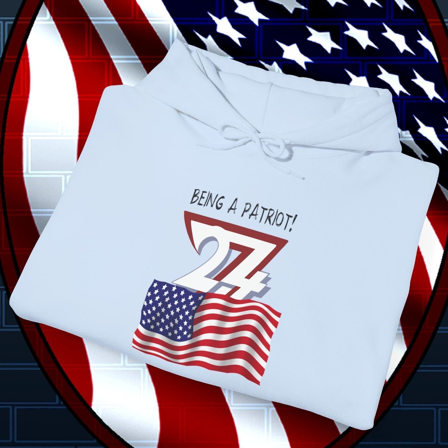 Folded light blue USA flag hoodie with patriotic hand-drawn design and kangaroo pocket on American flag background shield