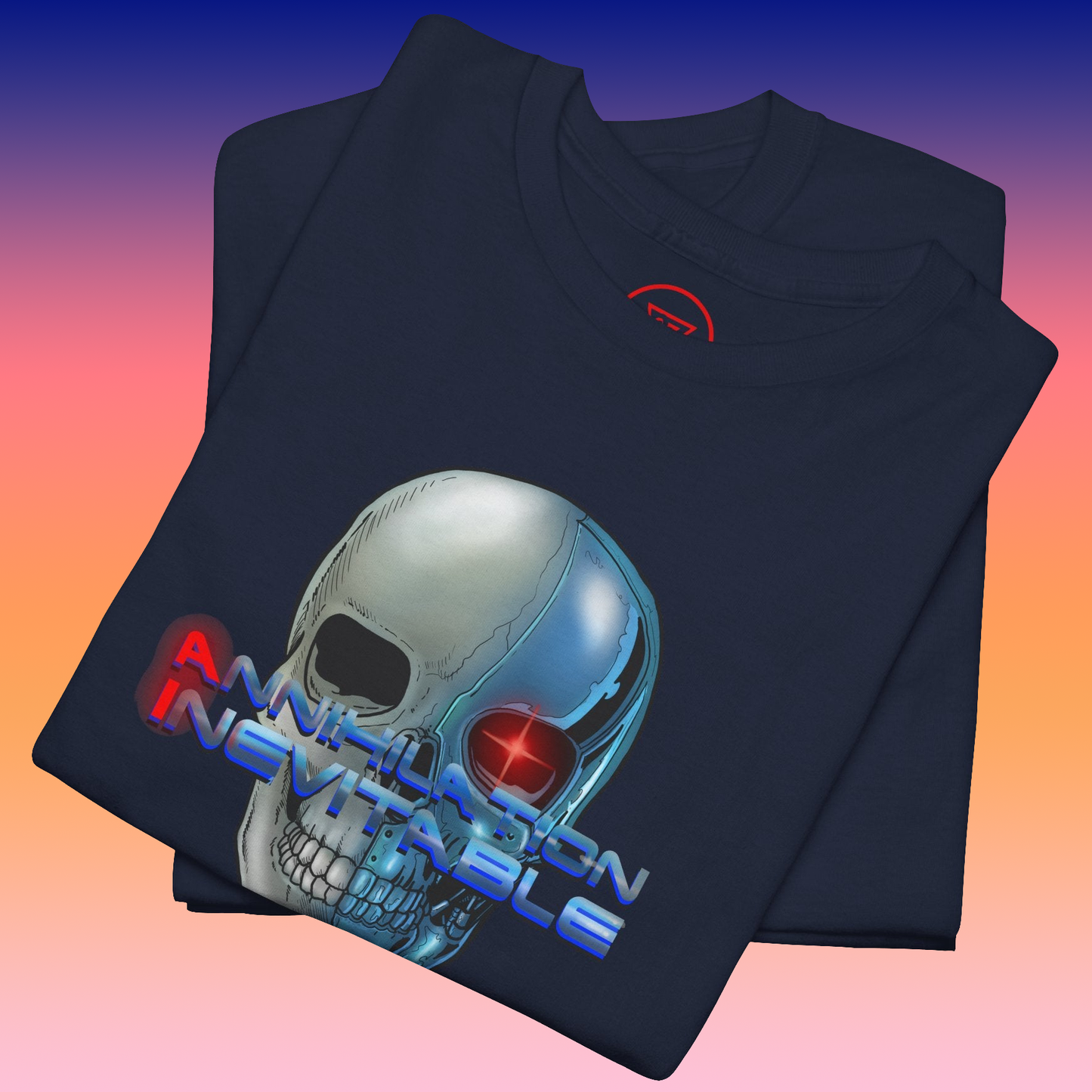 Folded b cyborg t-shirt with futuristic skull graphic and "Annihilation Inevitable" text designnavy