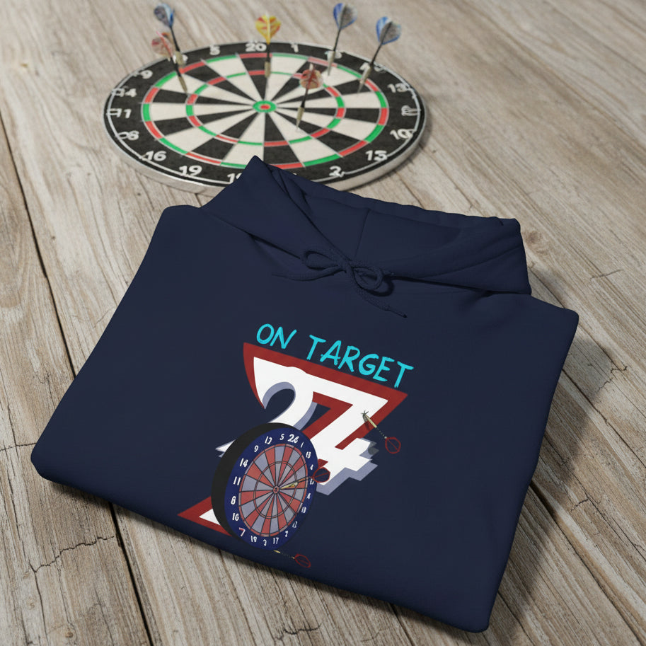 Folded navy darts hoodie with hand-drawn dartboard and "On Target" text design on front