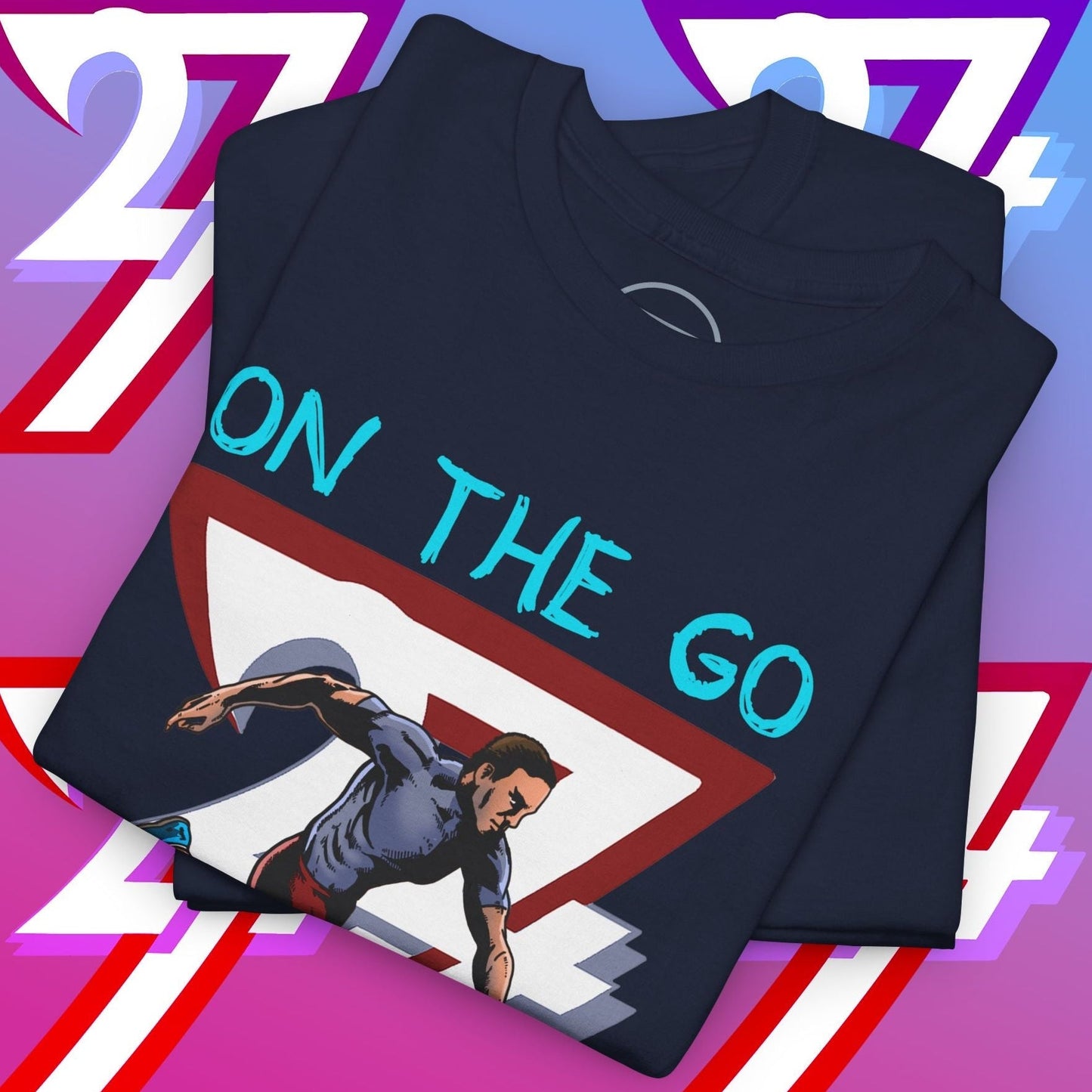 Folded navy running T-shirt with hand-drawn comic-style illustration and "ON THE GO" text.