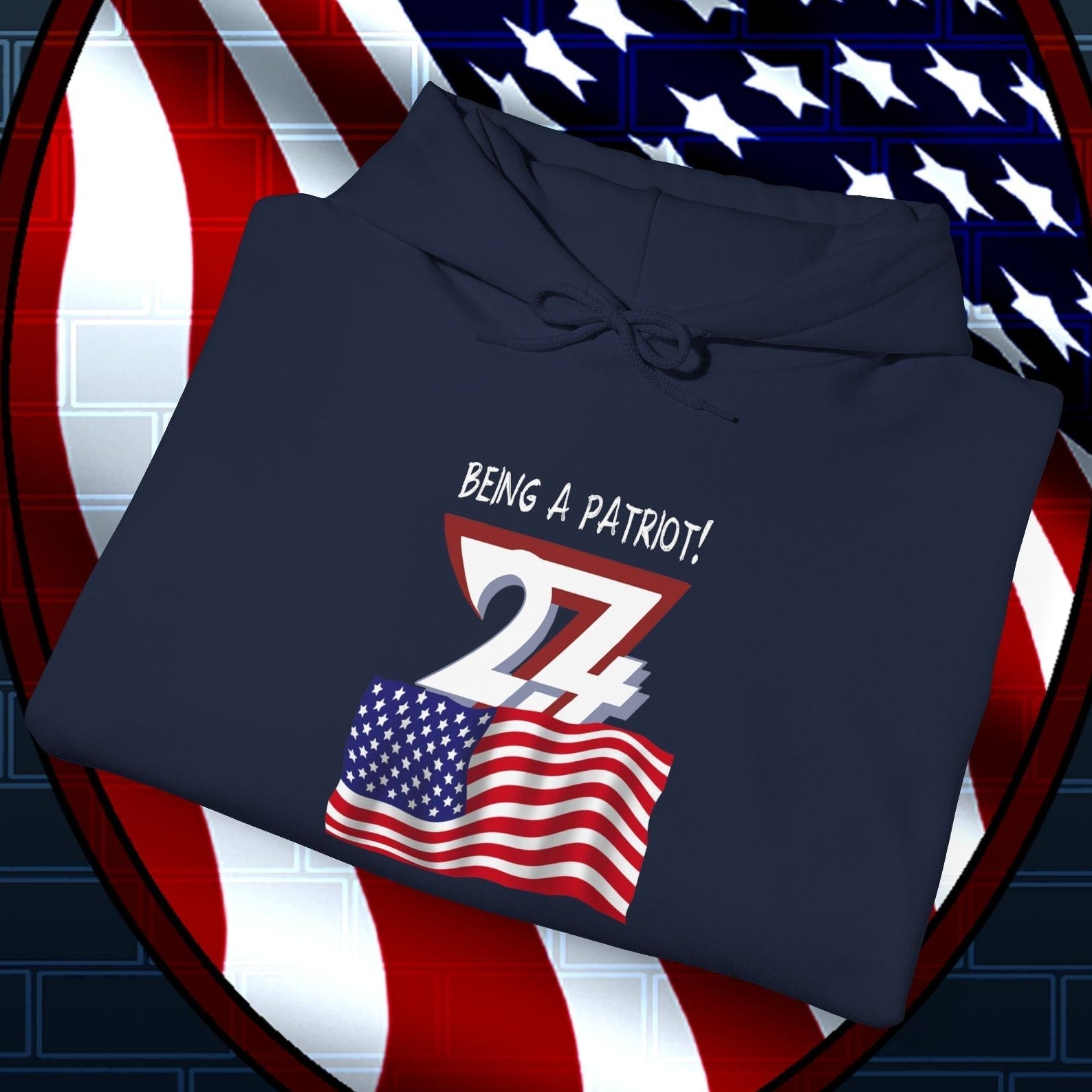 Folded navy usa flag hoodie with hand-drawn flag design and "Being a Patriot!" text displayed on patriotic shield background