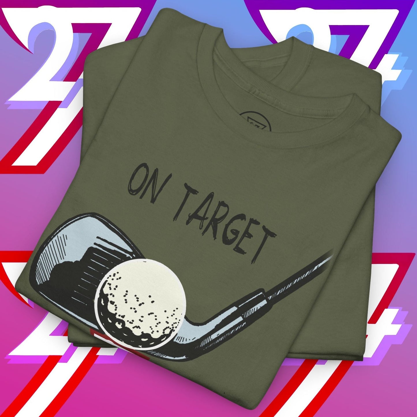 Folded olive green golf graphic t-shirt with hand-drawn golf club and ball illustration and "On Target" text