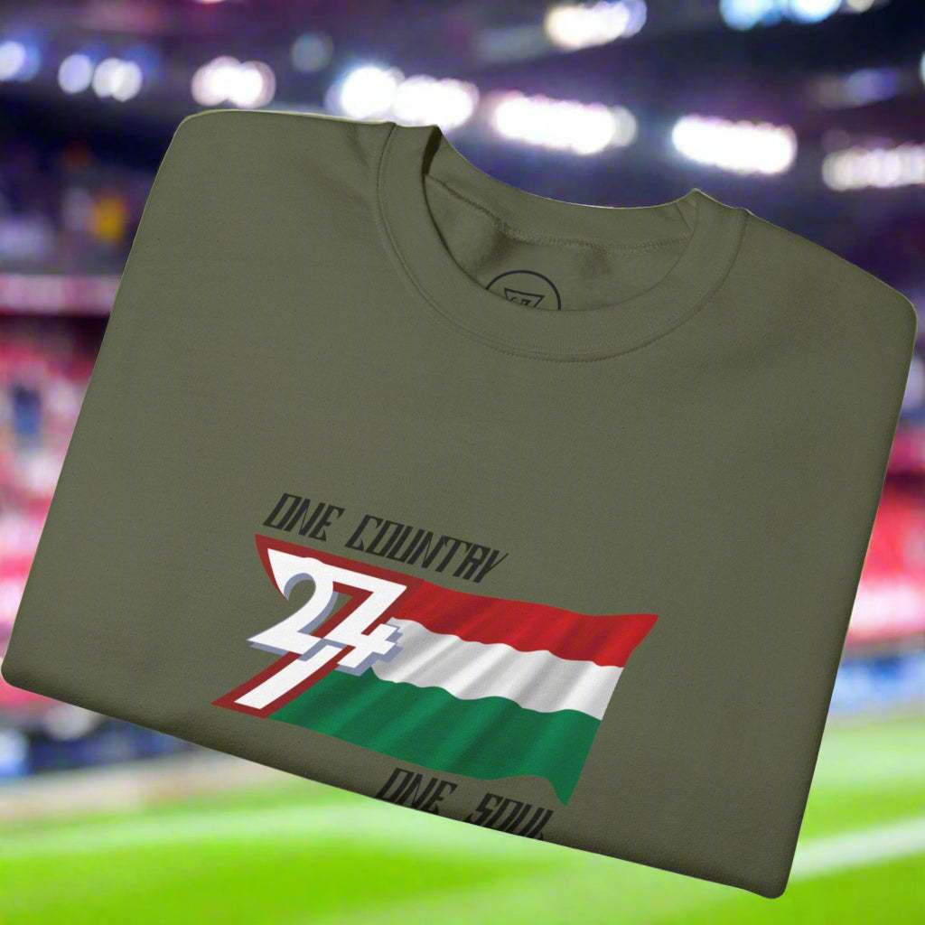 Folded unisex sweatshirt with Hungary flag and "27" design for national pride and sports events