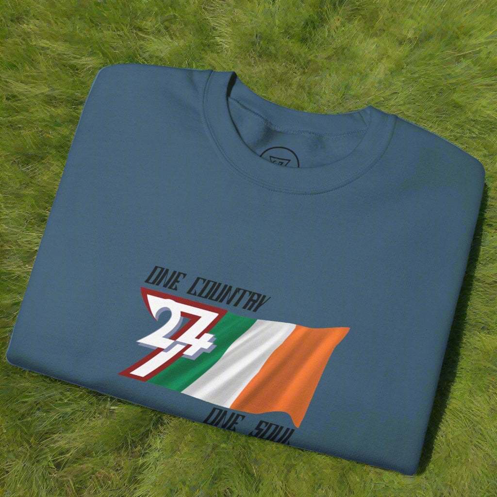 Folded unisex sweatshirt with Ireland flag and "One nation one soul" slogan in patriotic design