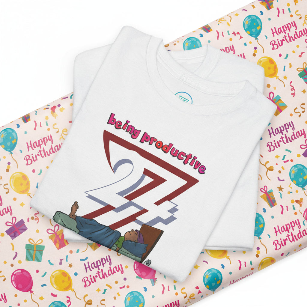 Folded white funny tee for teenagers with vibrant lazy teenager design and "being productive" text