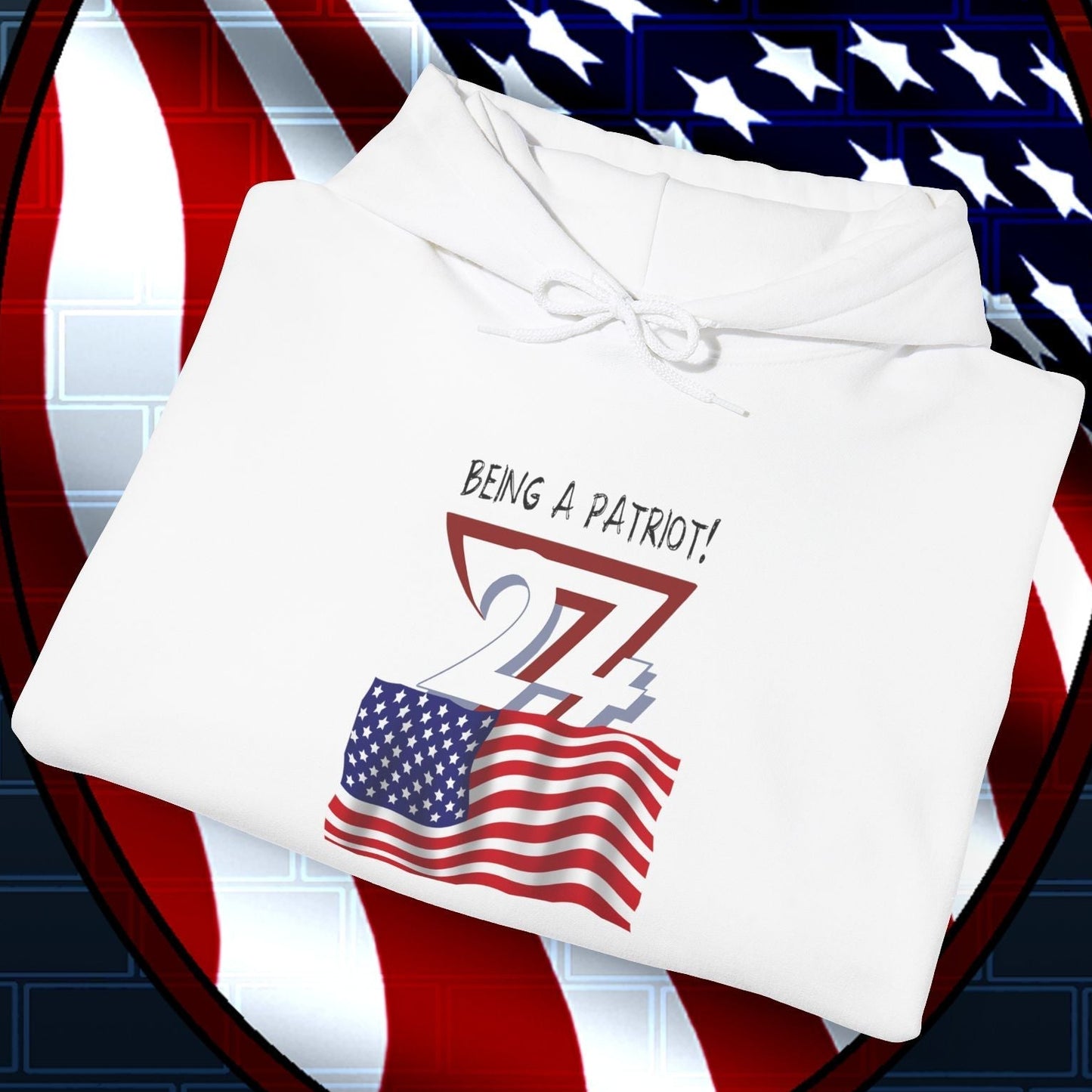 Folded white usa flag hoodie with patriotic hand-drawn flag design on American flag shield background