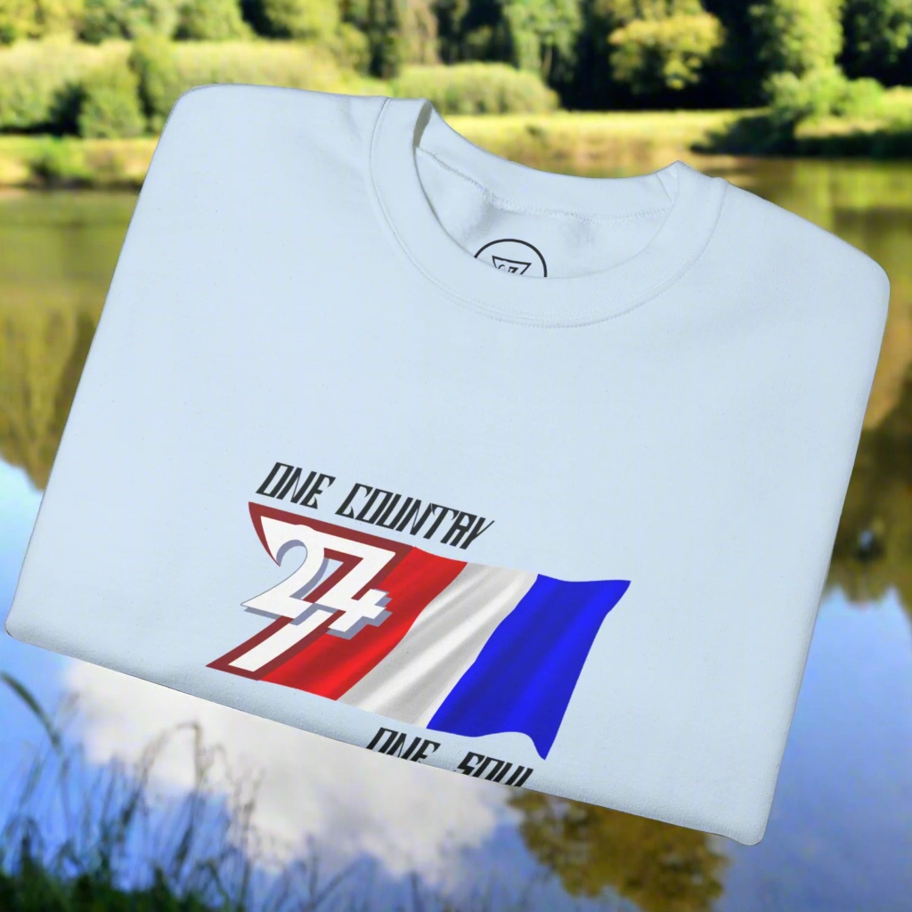 White unisex sweatshirt featuring a hand-drawn France flag graphic with "One Country One Soul" slogan, perfect for patriotic wear.