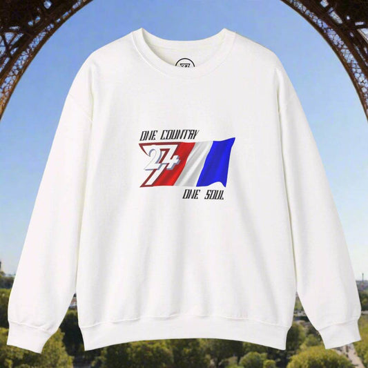 White unisex France flag sweatshirt with hand-drawn flag graphic and "One Country One Soul" slogan, ideal for patriotic sports fans.