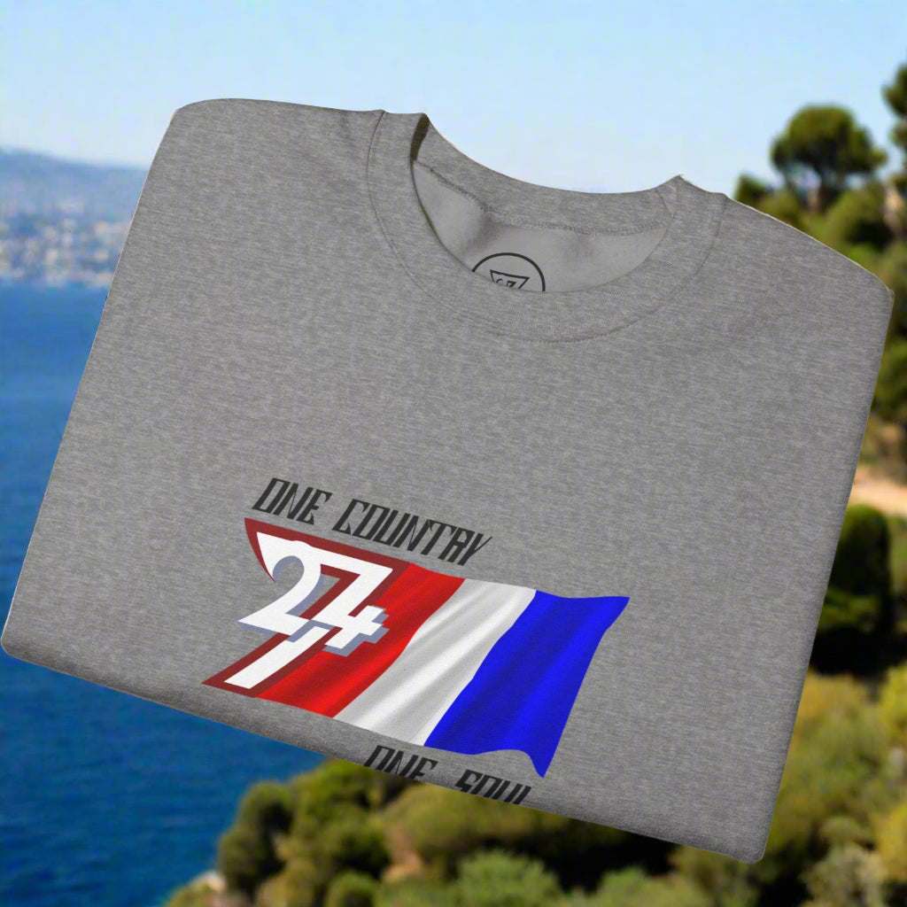 Grey unisex sweatshirt with hand-drawn France flag and "One Country One Soul" slogan, patriotic design for sports events.