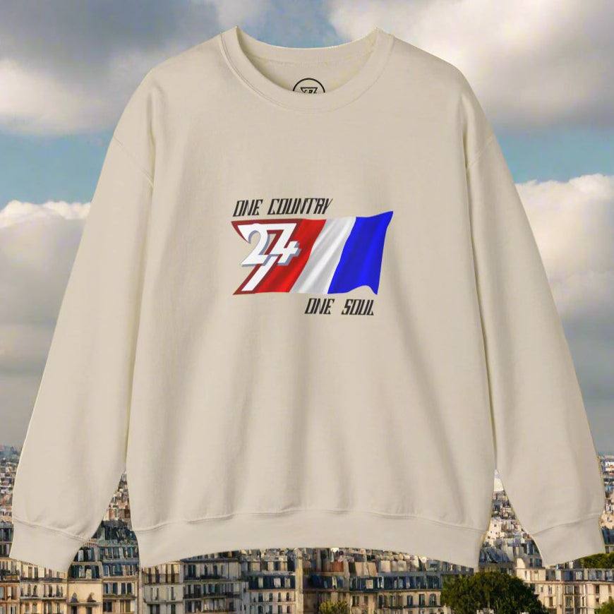 Unisex cream sweatshirt featuring a hand-drawn France flag graphic with "One Country One Soul" slogan, perfect for patriotic wear.