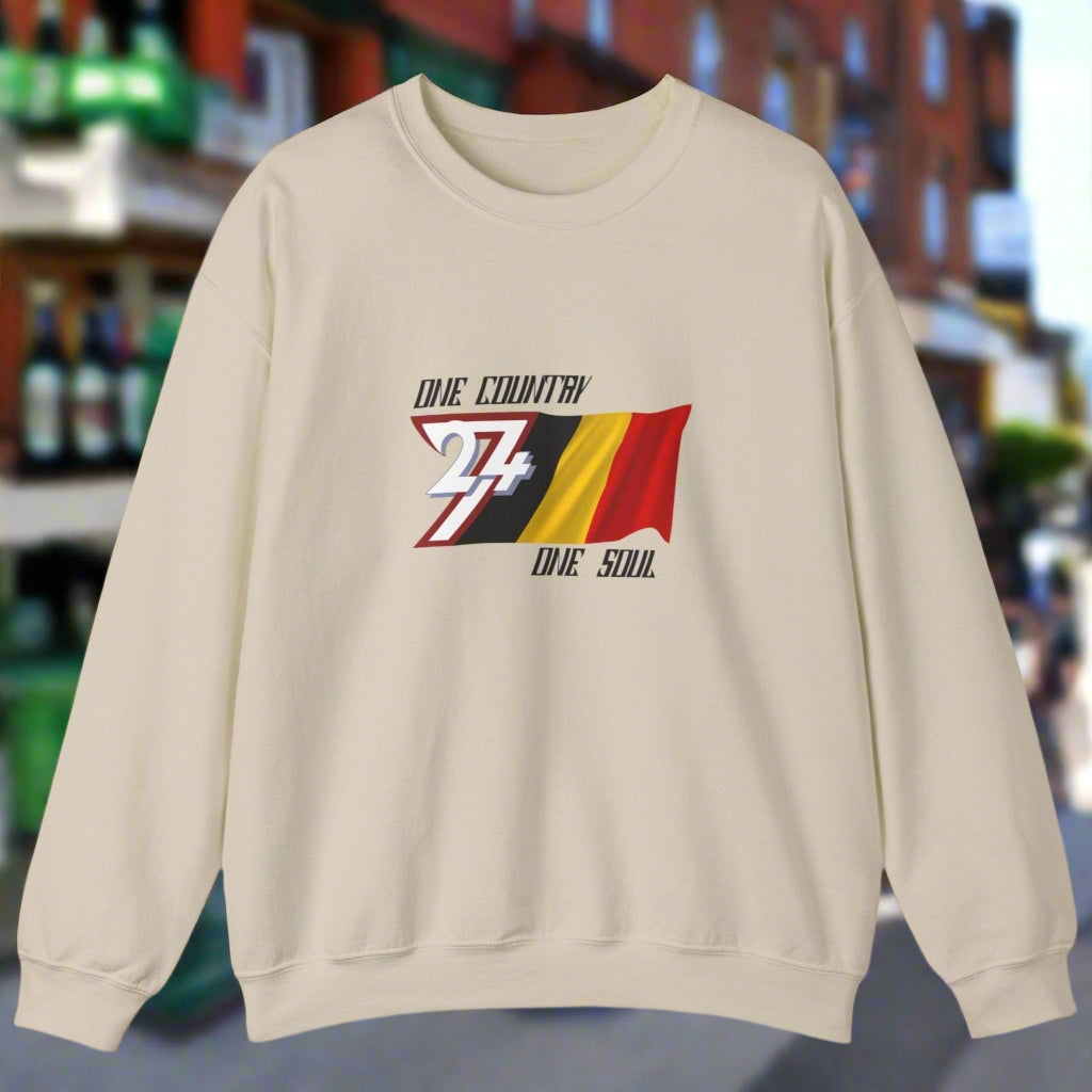 Front view of Belgium Sweatshirt showing unique national flag design