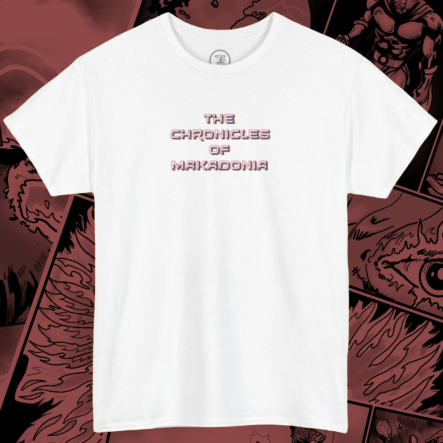Front view of Comic Tee featuring Makadonia Comics design, white t-shirt with colorful comic book graphic print