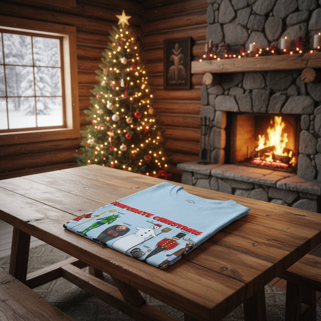 Funny Christmas T-shirt featuring humorous Christmas characters printed on a light blue unisex cotton tee with classic fit and crew neck.