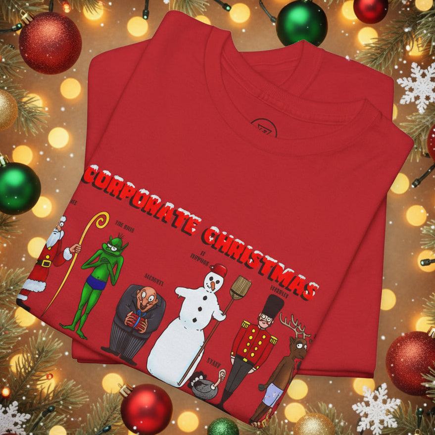 Funny Christmas T-shirt with festive cartoon characters, red unisex cotton crew neck tee for holiday celebrations and gifts