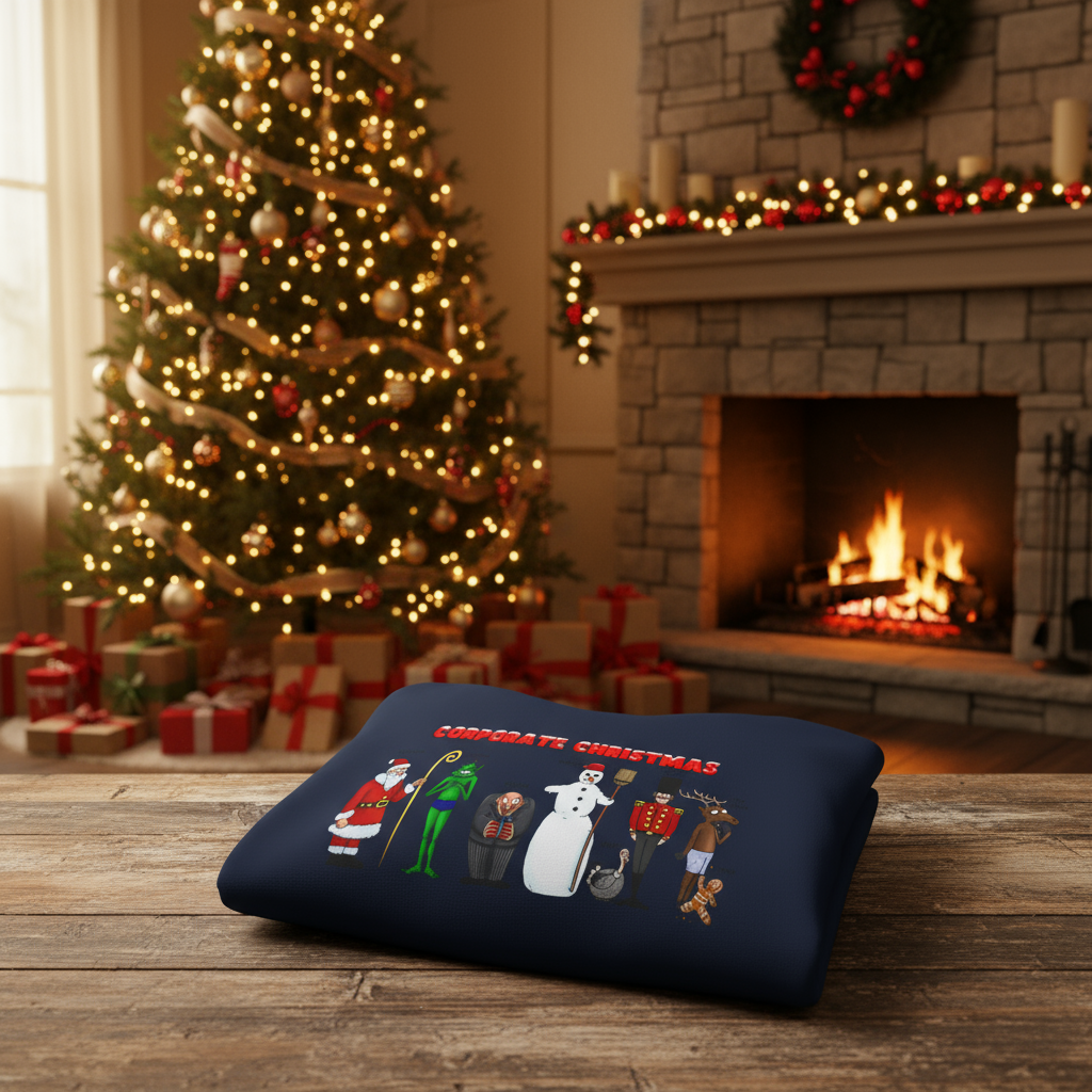 Funny Christmas hoodie with playful corporate Christmas characters design on navy blue fabric