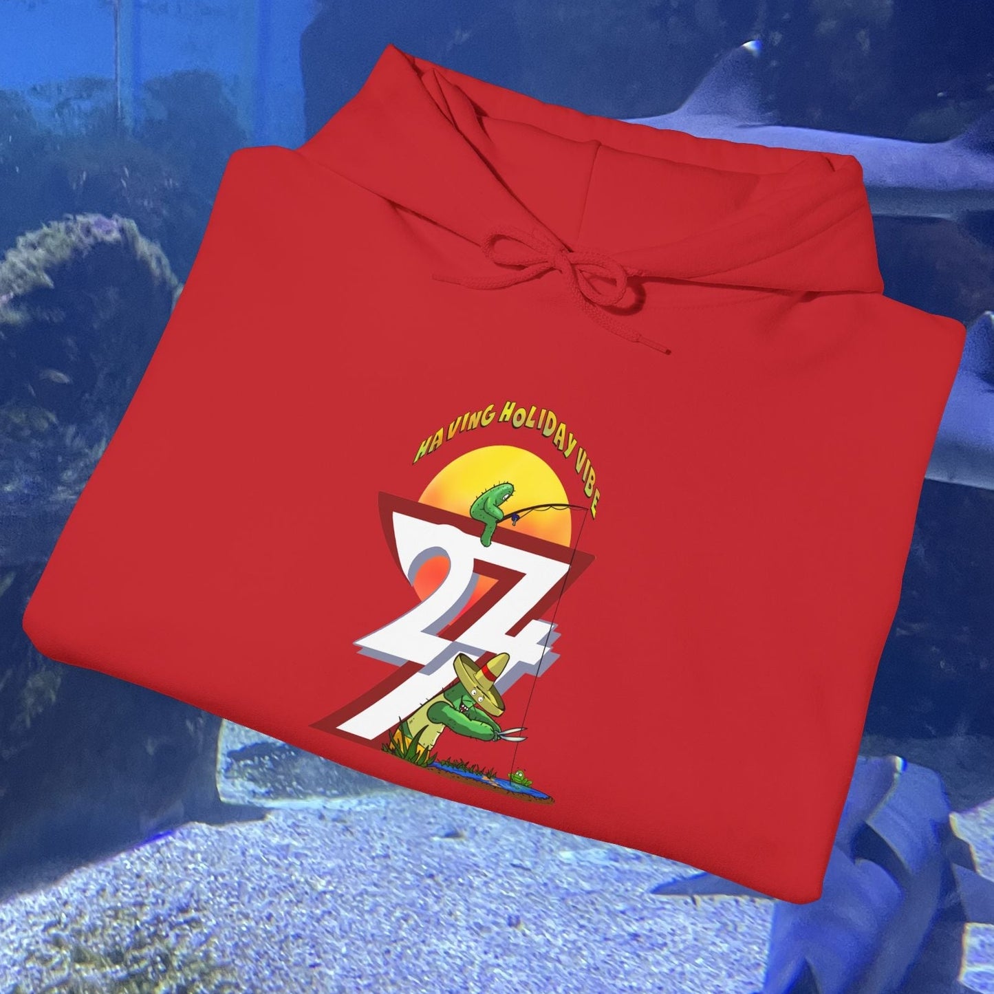 Funny Fishing Hoodie red with cactus and fishing design for summer holidays