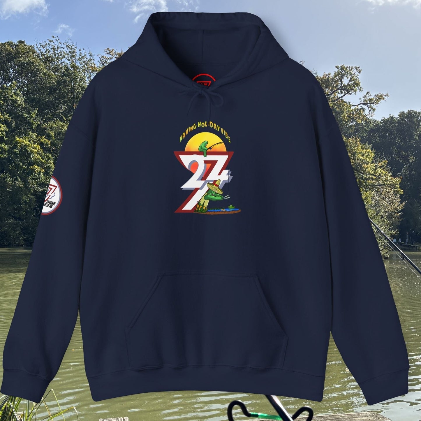 Funny Fishing Hoodie with cactus design, navy blue summer holiday jumper for fishermen