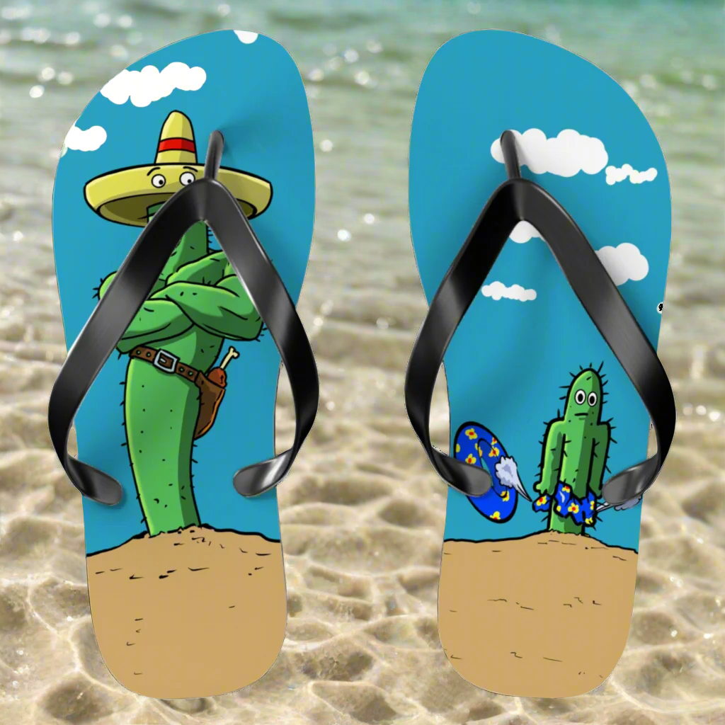 Funny cartoon flip flops with unique cactus design - perfect for summer beach outings