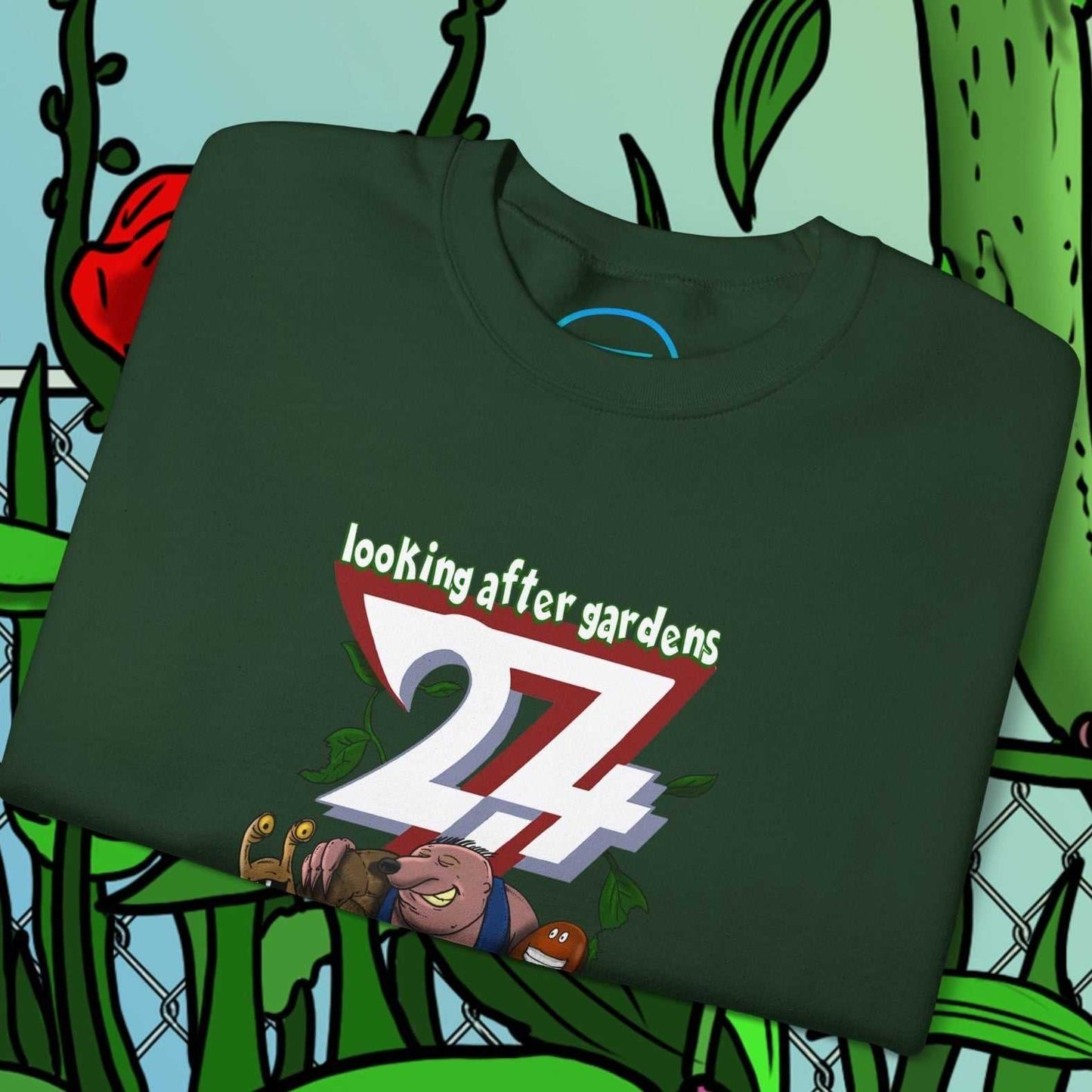 Funny cartoon sweatshirt with gardening squad illustration of snail, mole, and slug on dark green crewneck.