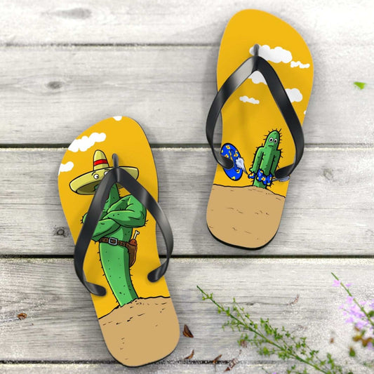 Funny yellow flip flops with unique cactus design - perfect for summer beach outings