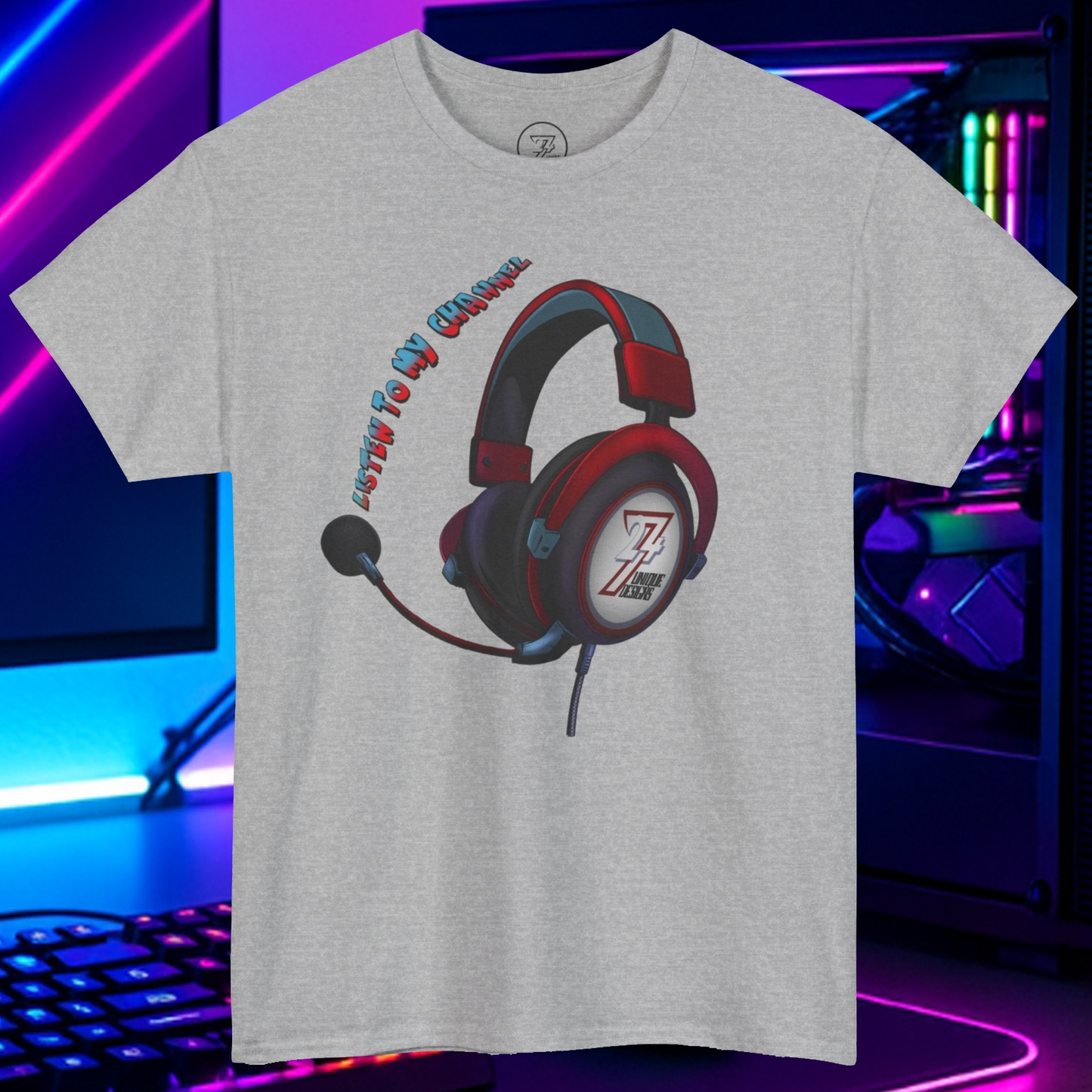 Custom t-shirt with Listen To My Channel slogan and headphone graphic design on gray fabric