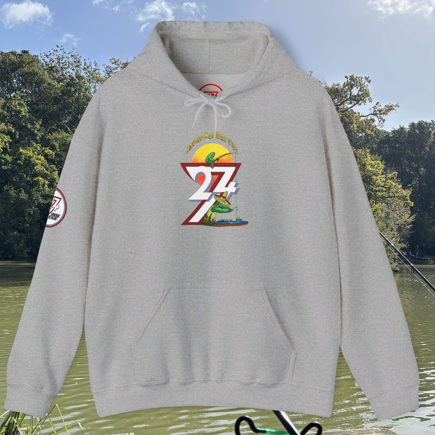 Gray Funny Fishing Hoodie with cactus and fishing graphic front design, summer holiday jumper style