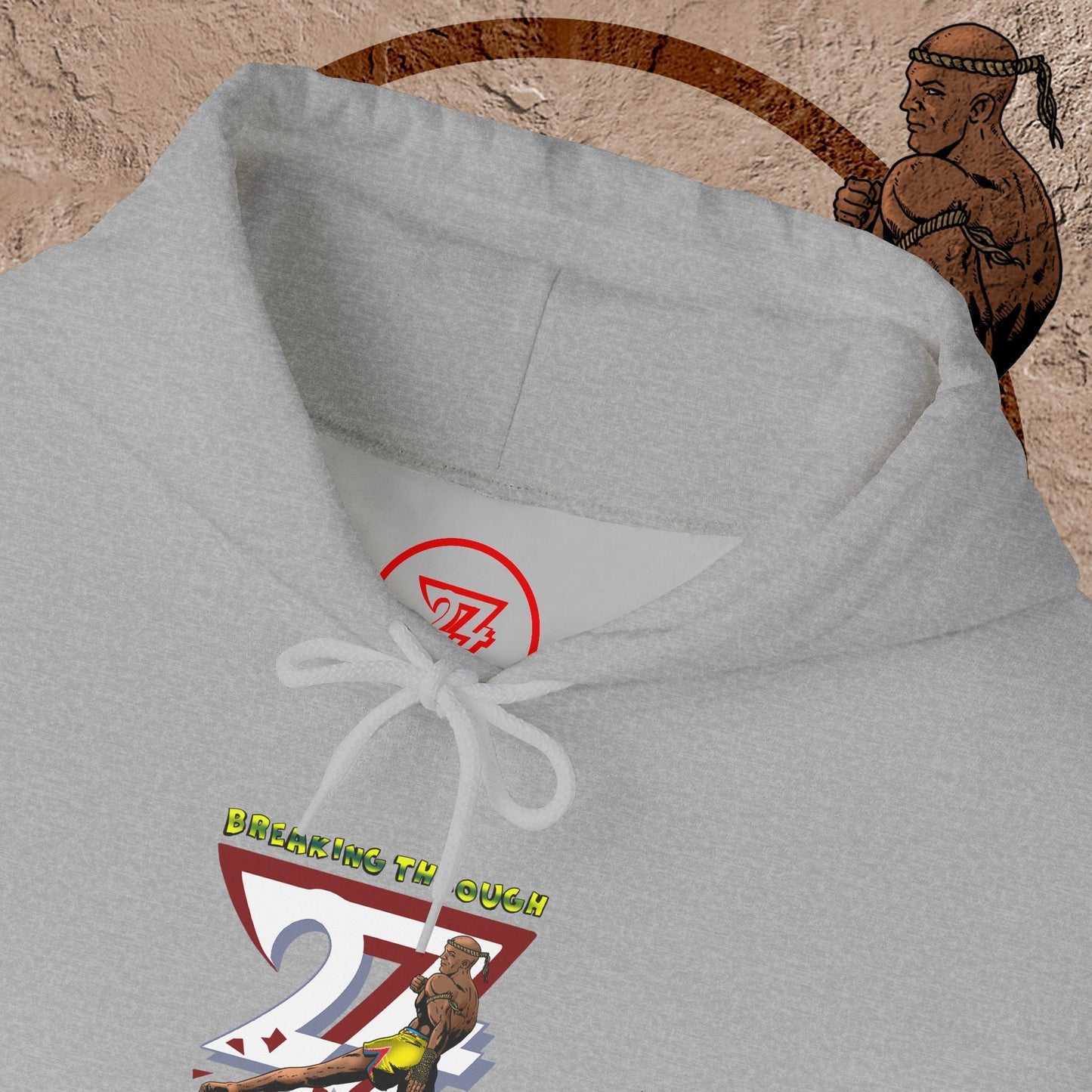 Gray Muay Thai hooded sweatshirt with combat sports graphic and adjustable drawstring hood