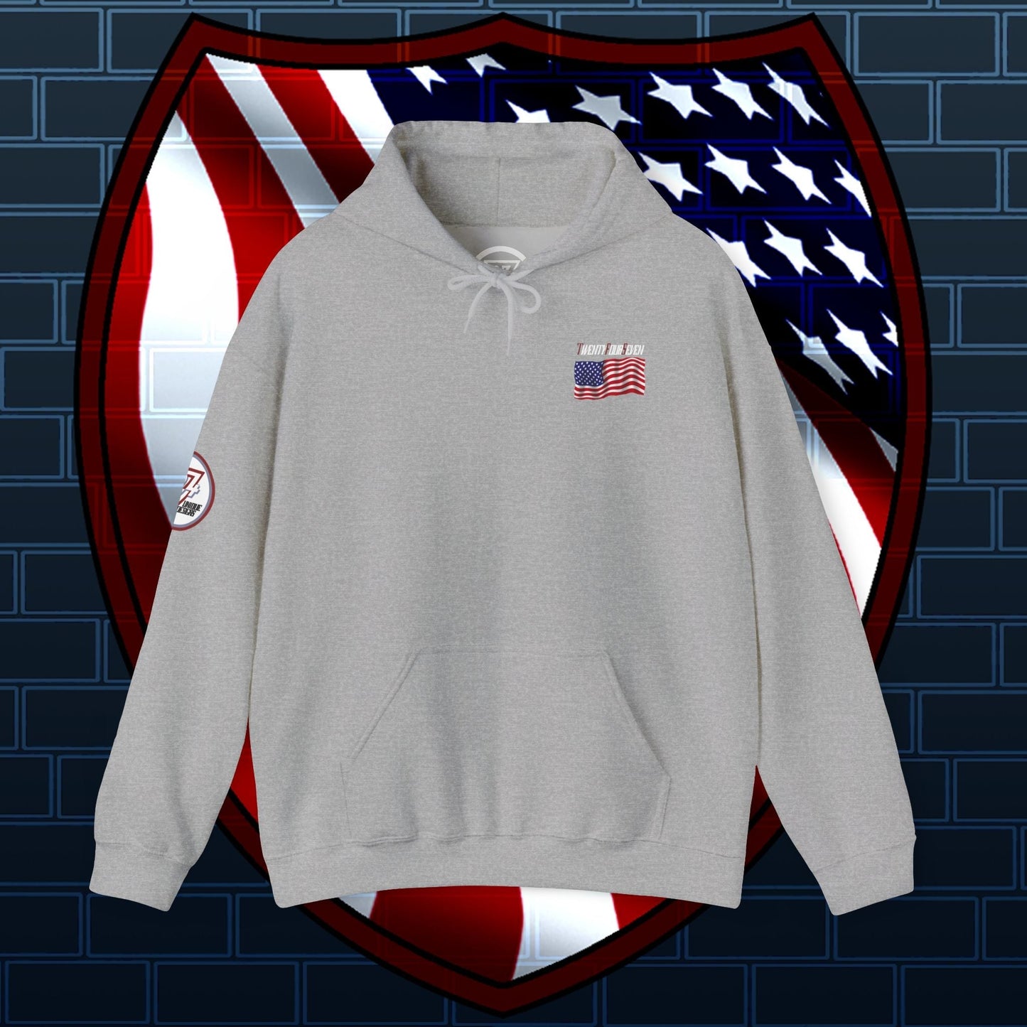 Gray US flag hoodie with small American flag design on chest and patch on sleeve, front kangaroo pocket and adjustable hood