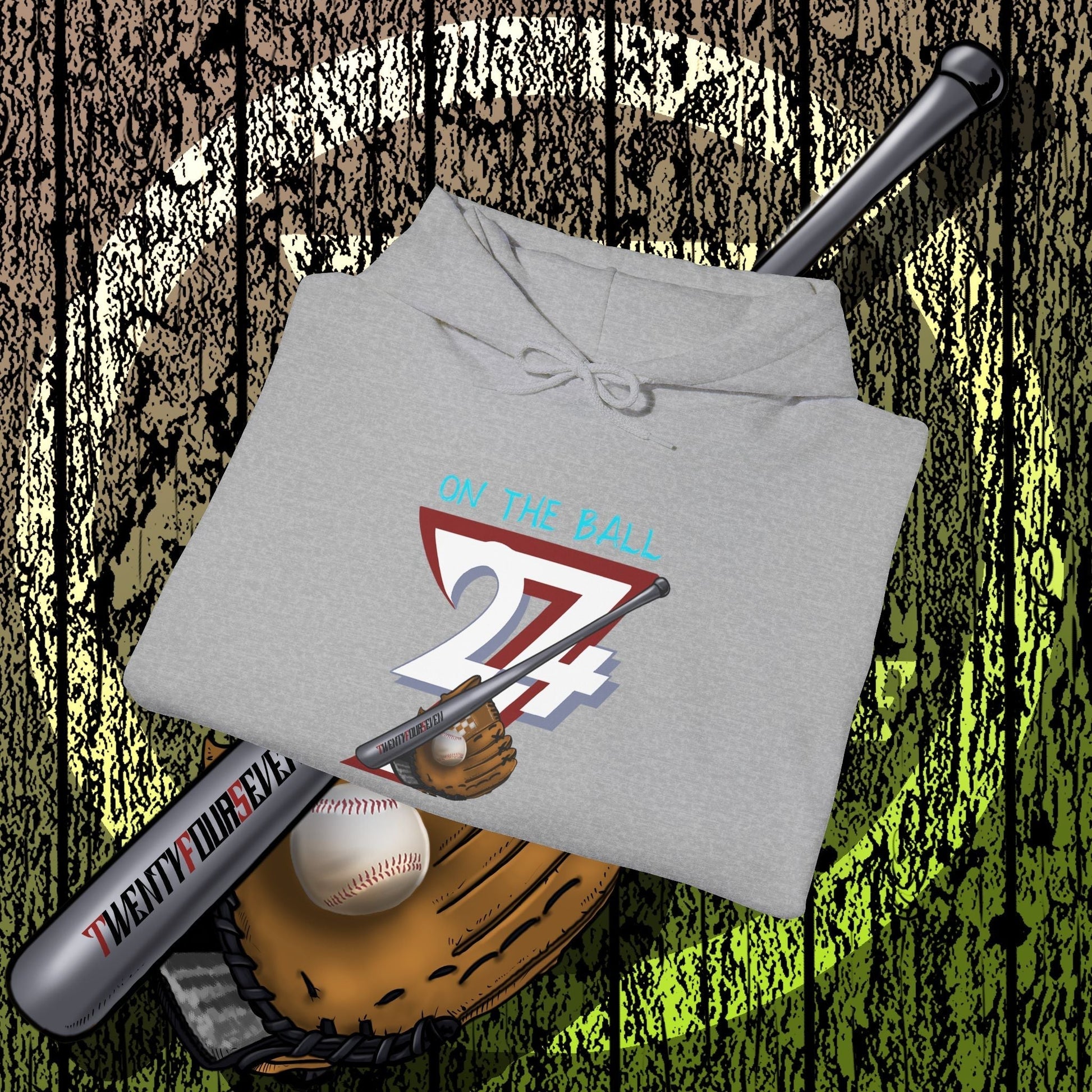 Gray baseball hoodie with hand-drawn baseball gear illustration, unisex heavy blend outdoor sportswear gift