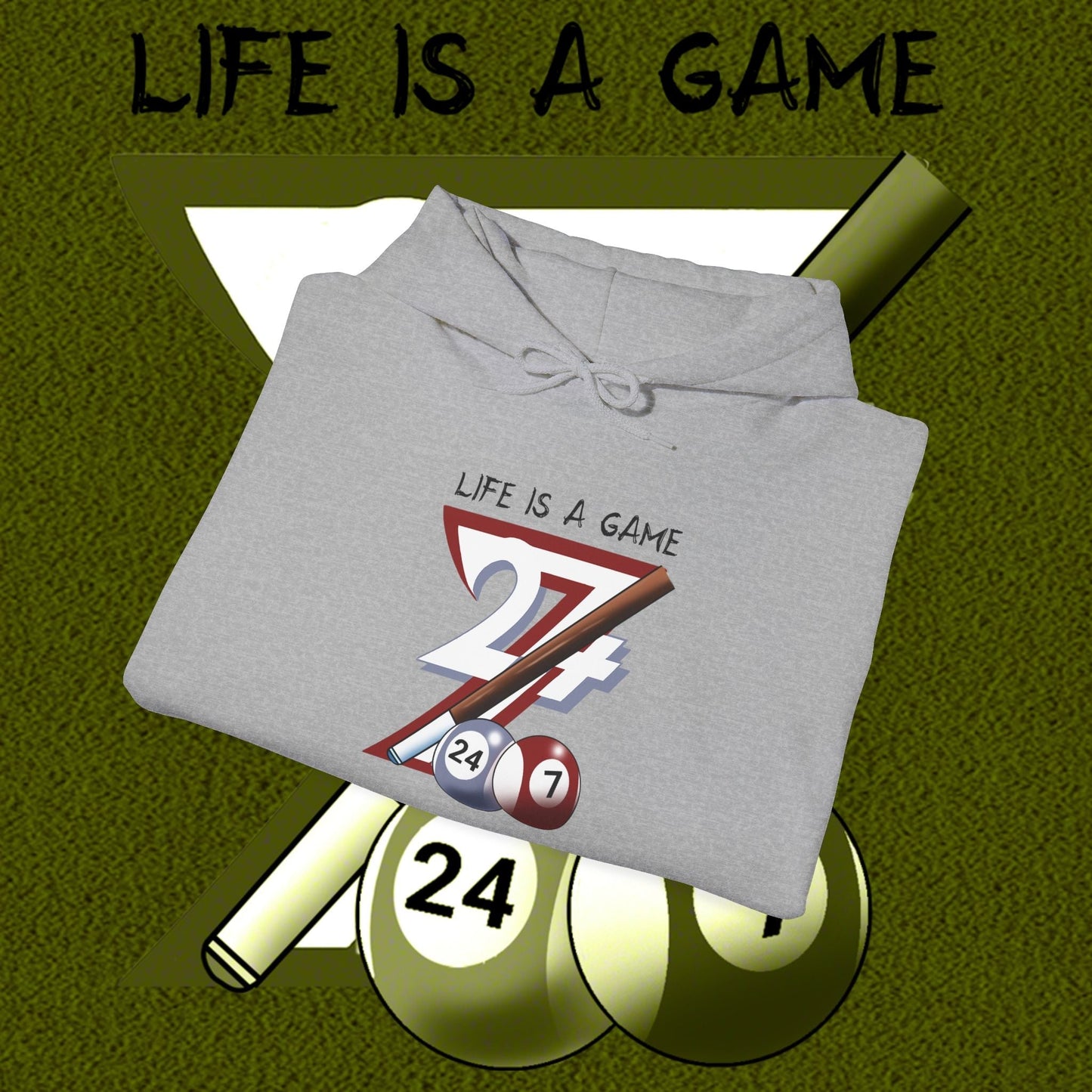 Gray billiards hoodie with hand-drawn pool design and "Life is a Game" text, soft fabric, adjustable hood, and kangaroo pocket.