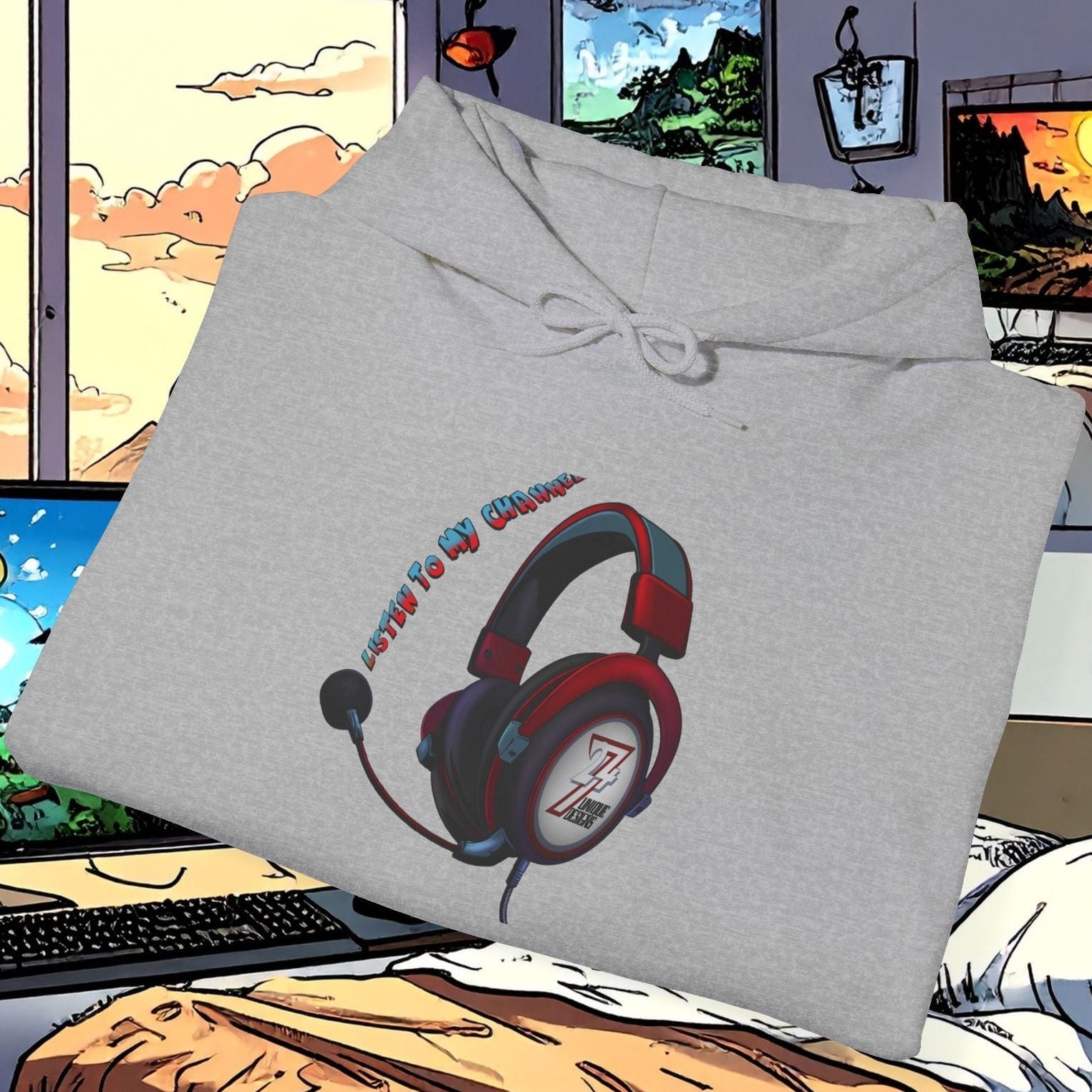 Gray headset hoodie with red and black headphone design, laid on a bed in a colorful gaming-themed room.