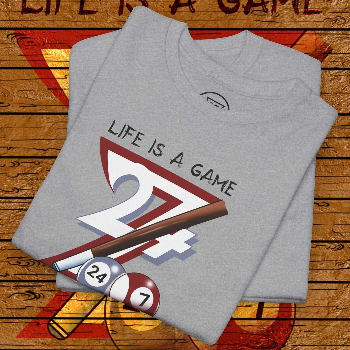 Gray pool tee with "Life is a Game" text and vibrant hand-drawn billiard design featuring cue and balls