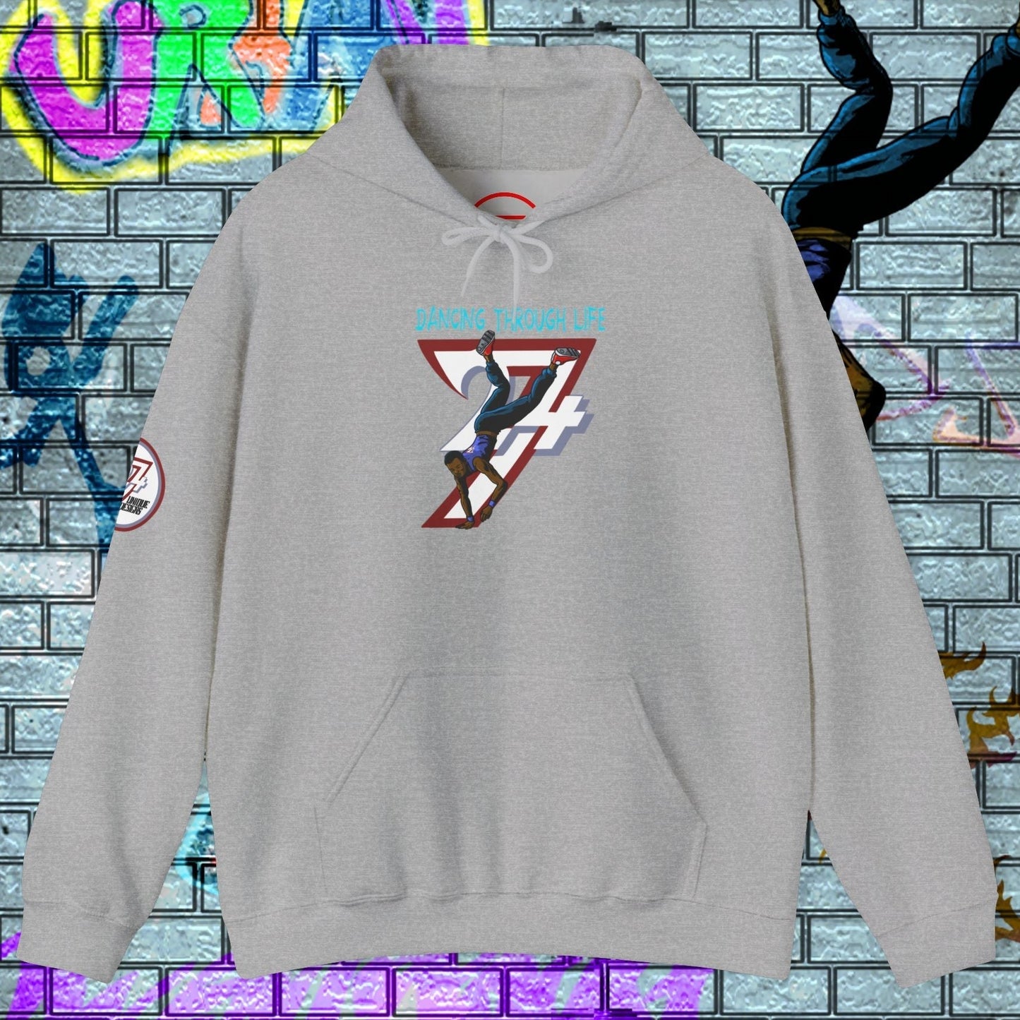 Gray street dance hoodie for men with hand-drawn dancer graphic and kangaroo pocket in urban graffiti background