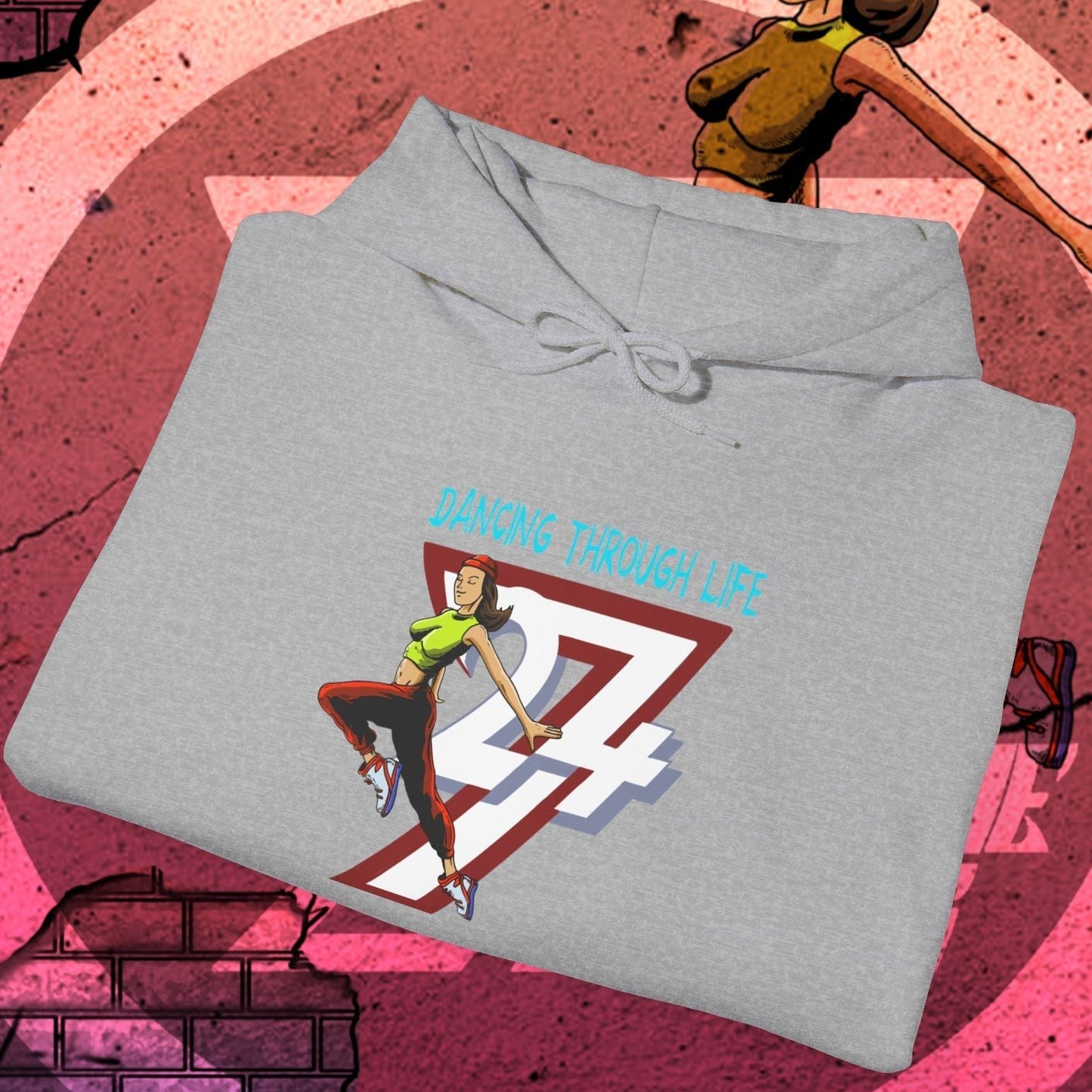 Gray street dance hoodie for women with colorful dancing illustration and "Dancing Through Life" text, stylish urban casual wear