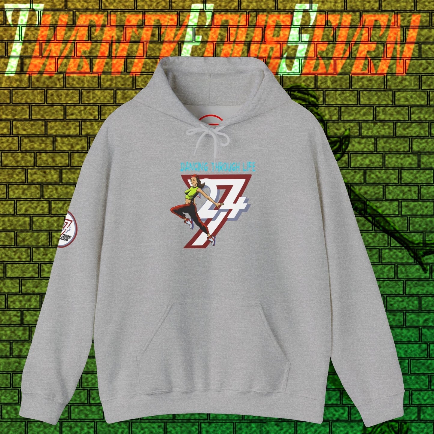 Gray street dance hoodie for women with hand-drawn illustration, adjustable hood, and kangaroo pocket, perfect for urban style and comfort.