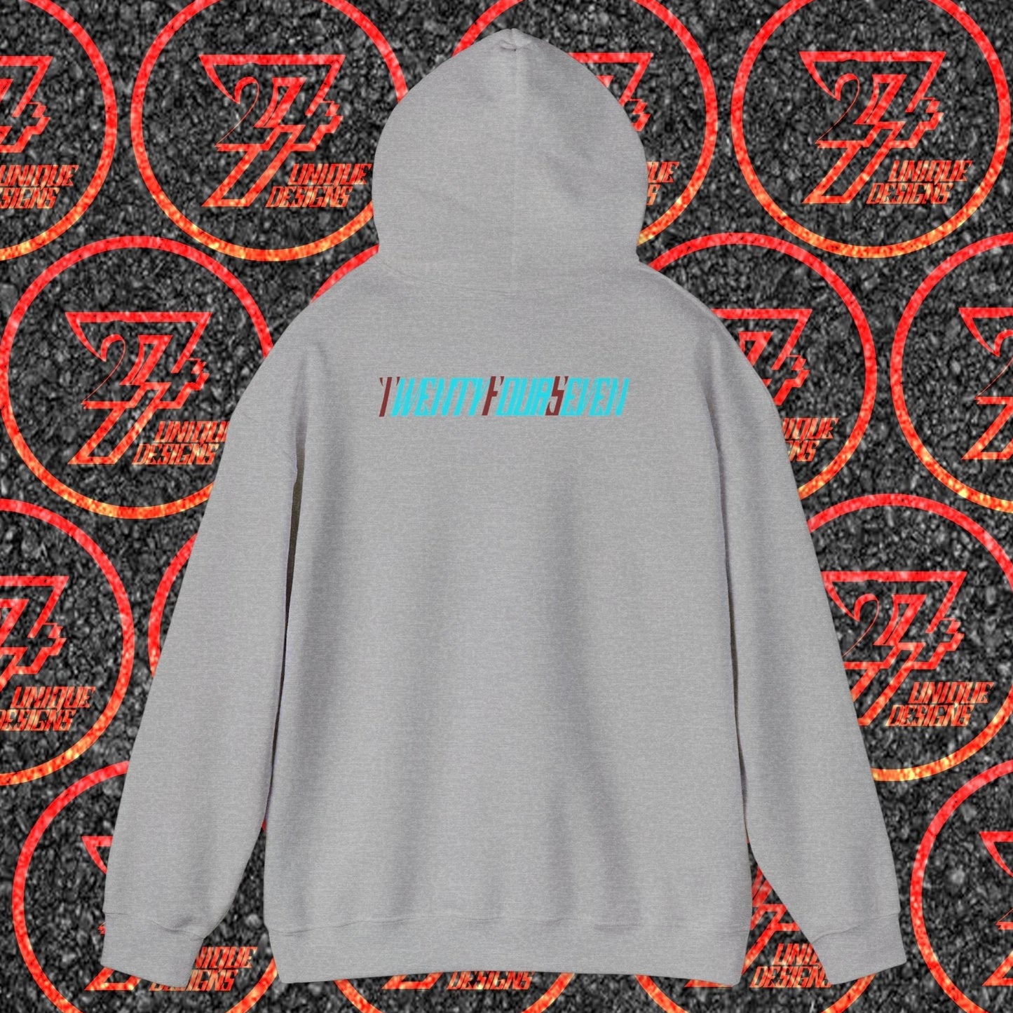 Gray stylish hoodie with twentyfourseven logo, comfortable streetwear and kangaroo pocket.