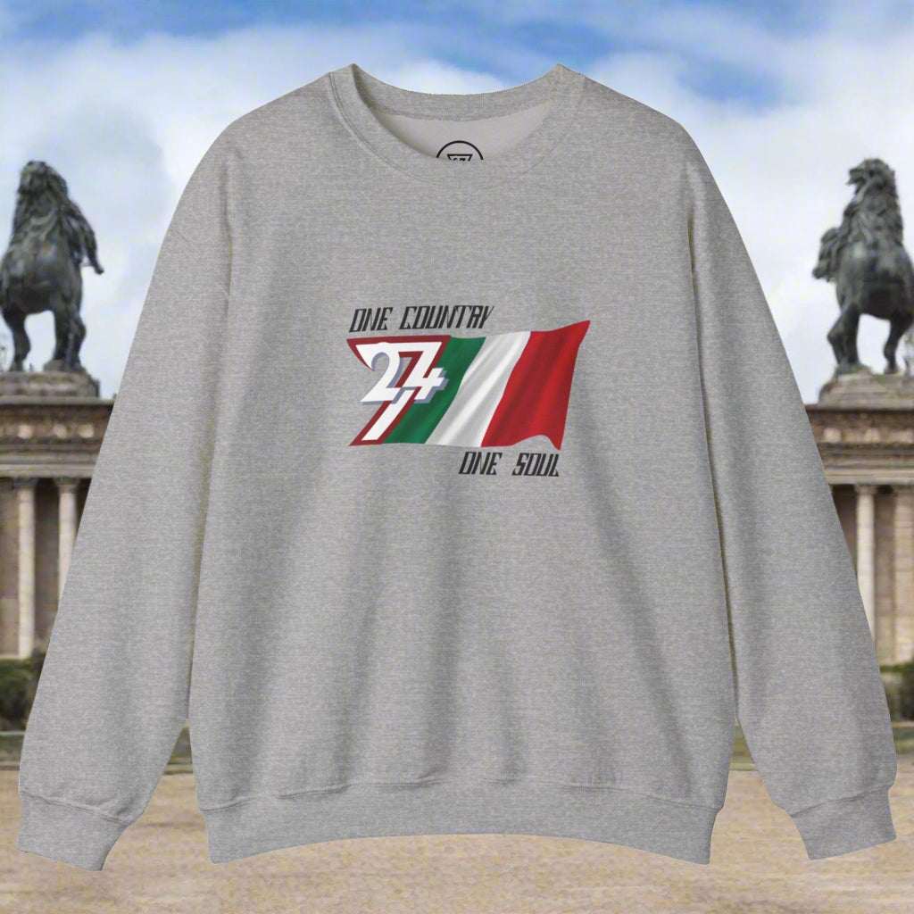 Gray sweatshirt with hand-drawn Italian flag and "One country, one soul" design, patriotic sportswear