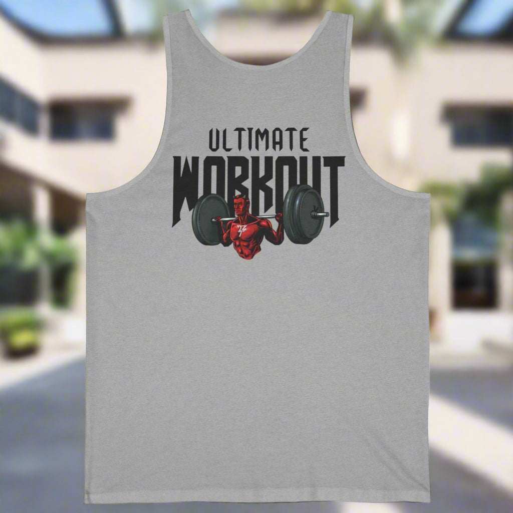 Grey workout tank top with Ultimate Workout text and graphic of a muscular comic character lifting weights
