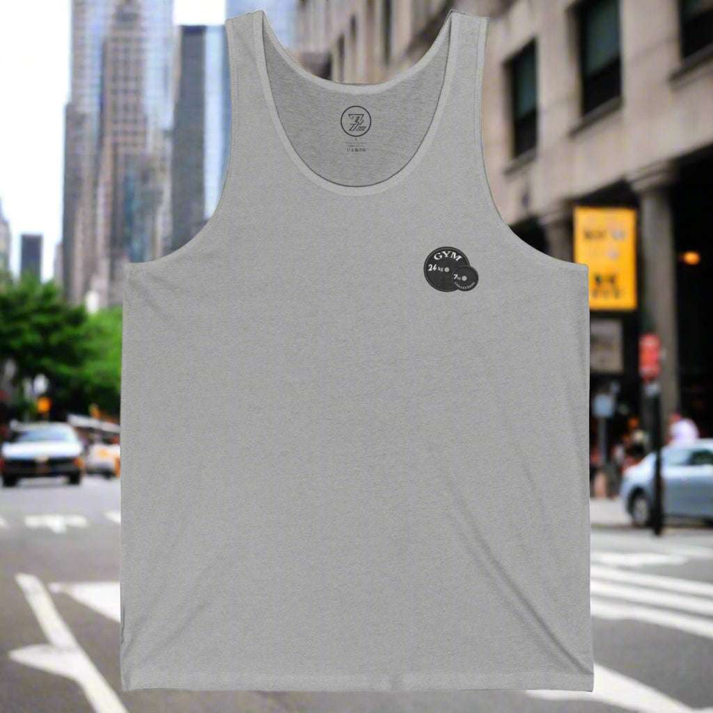 Gray workout tank top with small chest logo, lightweight and casual gym wear for summer