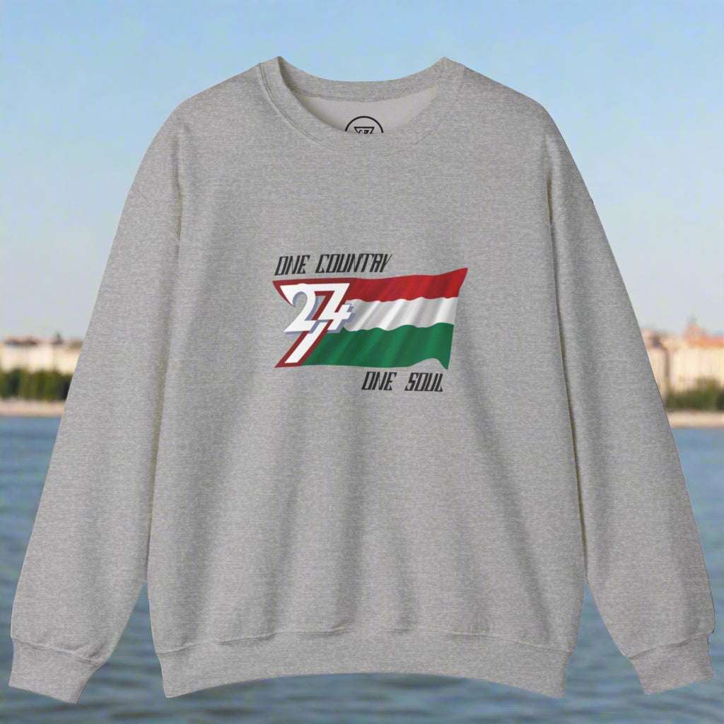 Gray unisex sweatshirt with Hungary flag design and "One country one soul" text.