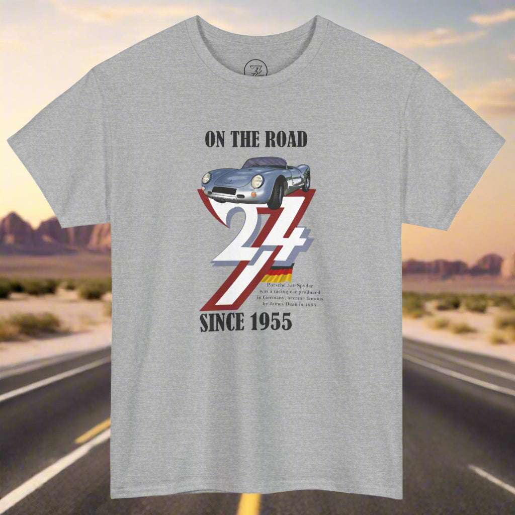 Gray vintage Porsche tee featuring a 1955 car design and "On The Road 24/7 Since 1955" text