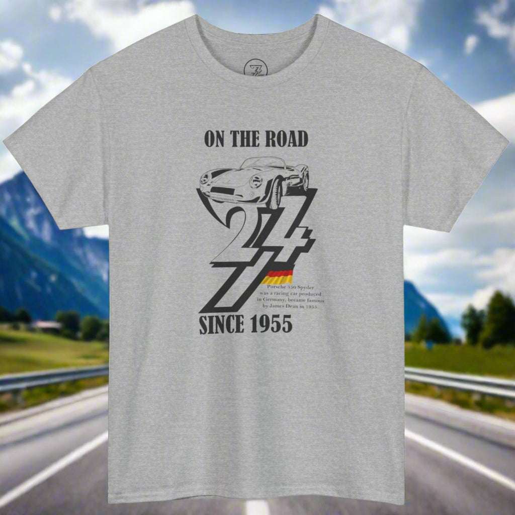 Gray vintage Porsche tee with 1955 car illustration and "On The Road Since 1955" text design