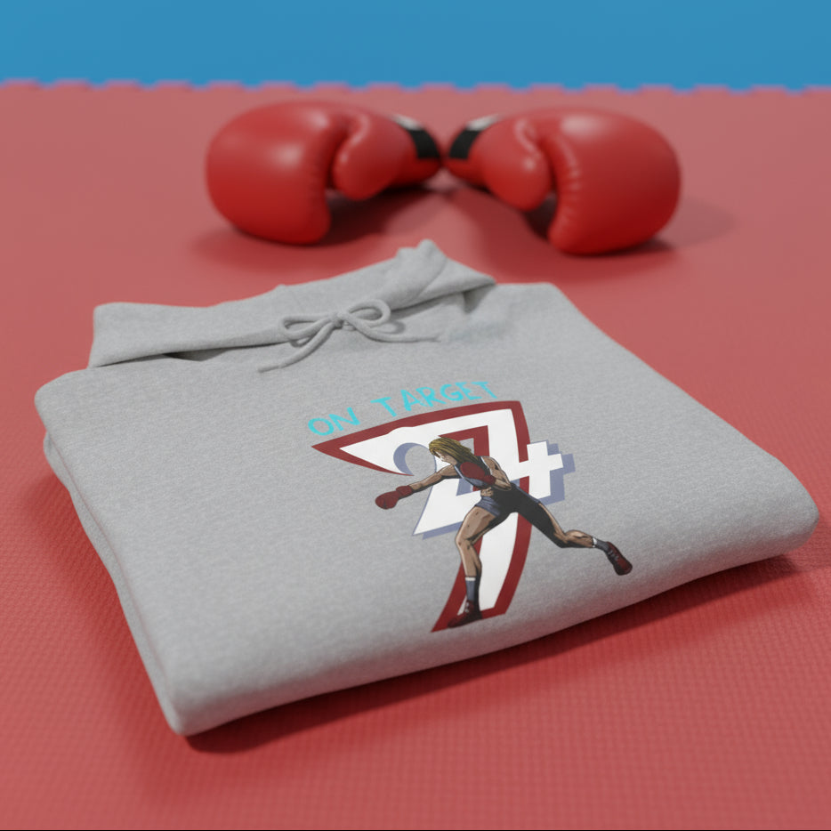 Gray women's boxing hoodie with feminine boxer illustration and "On Target" text, streetwear and sportswear for training and outdoor activities