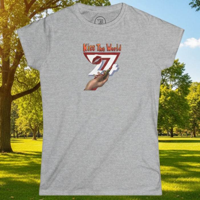 Gray women unique tee with lipstick holding hand design and "Kiss The World" text graphic.