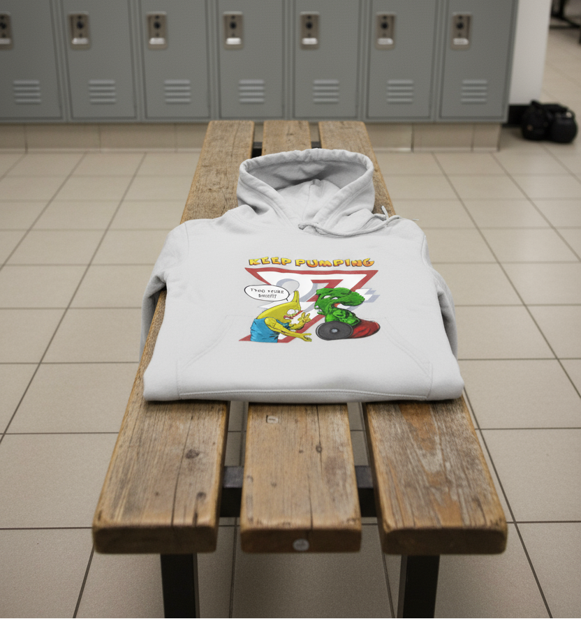 Gray workout hoodie with cartoon broccoli and banana characters lifting weights and "Keep Pumping" text