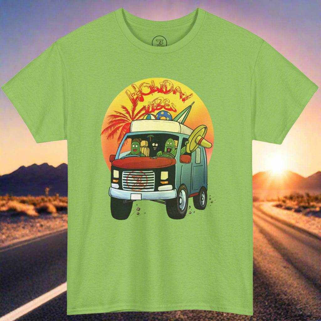 Green cactus shirt featuring Leonando the cactus cartoon character driving a colorful caravan with a sunset background