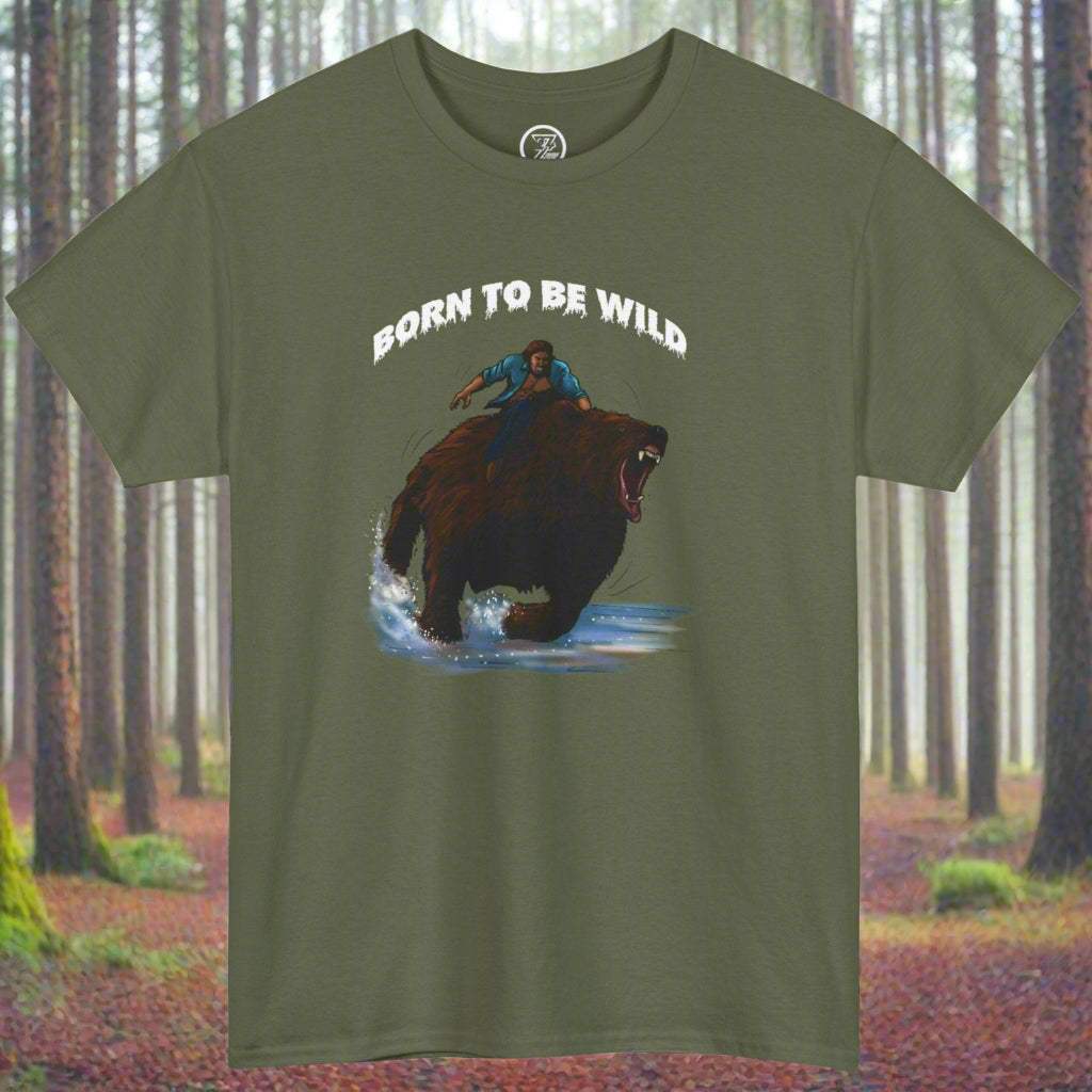 Olive green vintage bear tee with comic style illustration of a person riding a roaring bear and "Born to be wild" text.