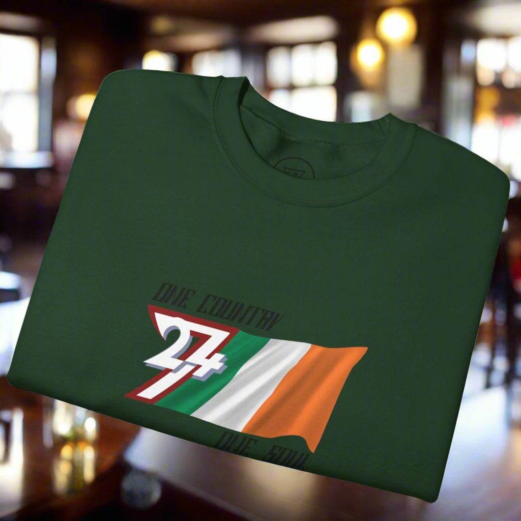 Green unisex sweatshirt featuring Ireland flag and "One Nation One Soul" slogan.