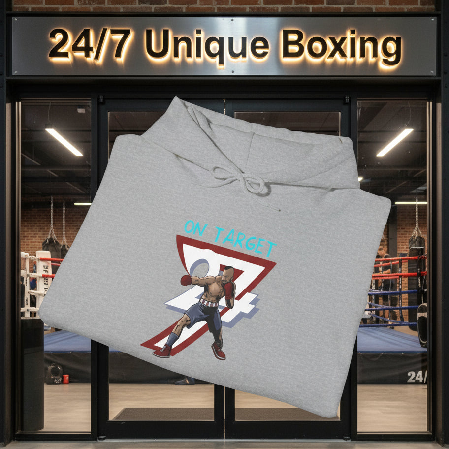 Grey boxing hoodie sweatshirt with unique hand-drawn boxer design and "On Target" text, made from cotton-polyester blend for sports training and outdoor fitness.